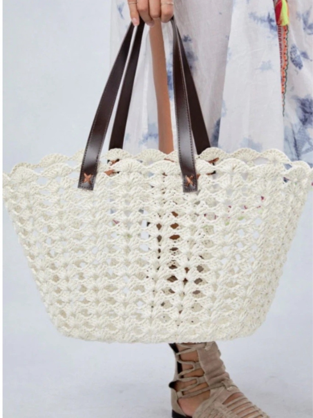 LOVE Stich Cream Crochet Tote Bag with Brown Leather Handles